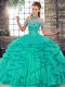 Glittering Floor Length Lace Up Quinceanera Dresses Turquoise for Military Ball and Sweet 16 and Quinceanera with Beading and Ruffles