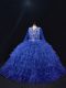 Suitable Royal Blue Ball Gowns Beading and Ruffled Layers Quince Ball Gowns Lace Up Organza Long Sleeves Floor Length