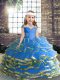 Cute Sleeveless Floor Length Beading and Ruffled Layers and Ruching Lace Up Pageant Dress for Womens with Blue