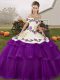 New Style Sleeveless Embroidery and Ruffled Layers Lace Up Quinceanera Dresses with Purple Brush Train