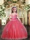 Trendy Watermelon Red Straps Neckline Beading and Appliques Pageant Gowns For Girls Sleeveless Lace Up