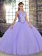 Lavender Ball Gowns Scoop Sleeveless Tulle Floor Length Lace Up Embroidery 15th Birthday Dress