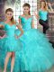 Aqua Blue Vestidos de Quinceanera Military Ball and Sweet 16 and Quinceanera with Beading and Ruffles Off The Shoulder Sleeveless Lace Up