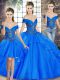 Royal Blue Three Pieces Beading and Ruffles Quinceanera Gown Lace Up Tulle Sleeveless Floor Length