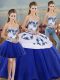 Attractive Sleeveless Floor Length Embroidery and Bowknot Lace Up Quinceanera Gowns with Royal Blue