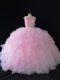 Baby Pink Two Pieces Organza Scoop Sleeveless Beading Floor Length Zipper Ball Gown Prom Dress