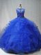 Royal Blue Tulle Lace Up Quinceanera Dresses Sleeveless Brush Train Beading and Ruffles