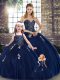 Fitting Navy Blue Ball Gowns Tulle Sweetheart Sleeveless Beading and Appliques Floor Length Lace Up Sweet 16 Dress