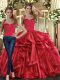 Halter Top Sleeveless Quinceanera Gown Floor Length Ruffles Red Organza