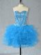 Aqua Blue Organza Lace Up Party Dress Wholesale Sleeveless Mini Length Beading and Ruffles