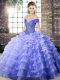 Superior Off The Shoulder Sleeveless Organza Quince Ball Gowns Beading and Ruffled Layers Brush Train Lace Up