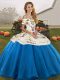 Deluxe Blue And White Lace Up Off The Shoulder Embroidery Sweet 16 Quinceanera Dress Tulle Sleeveless