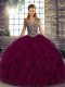 Flare Sleeveless Organza Floor Length Lace Up Quinceanera Gown in Dark Purple with Beading and Ruffles
