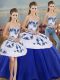 Royal Blue Three Pieces Embroidery and Bowknot Quinceanera Gown Lace Up Tulle Sleeveless Floor Length