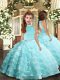 Inexpensive Aqua Blue Ball Gowns Organza Halter Top Sleeveless Beading and Ruffled Layers Floor Length Backless Pageant Dress for Girls