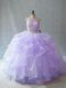 Shining Lavender Organza Backless Halter Top Sleeveless Sweet 16 Dress Brush Train Beading and Ruffles