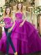 Tulle Strapless Sleeveless Lace Up Beading and Ruffles Quinceanera Gowns in Fuchsia