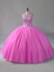 Hot Selling Sleeveless Tulle Floor Length Lace Up Sweet 16 Dress in Rose Pink with Beading