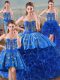 Noble Royal Blue Lace Up 15th Birthday Dress Embroidery and Ruffles Sleeveless Floor Length
