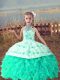 Turquoise Evening Gowns Wedding Party with Beading and Embroidery and Ruffles Halter Top Sleeveless Lace Up