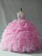 Eye-catching Baby Pink Ball Gowns Organza Strapless Sleeveless Beading and Ruffles and Pick Ups Lace Up Quince Ball Gowns Brush Train