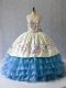 Custom Fit Blue And White Lace Up Sweetheart Embroidery and Ruffled Layers Quinceanera Gowns Satin and Organza Sleeveless
