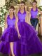 Luxury Purple Three Pieces Tulle Halter Top Sleeveless Ruffles Floor Length Lace Up Sweet 16 Dresses