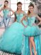 Edgy Aqua Blue Sleeveless Beading and Ruffles Lace Up Quinceanera Gowns