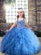 Enchanting Blue Straps Neckline Beading and Ruffles Little Girl Pageant Gowns Sleeveless Lace Up