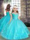 Aqua Blue Lace Up Little Girls Pageant Dress Wholesale Beading and Hand Made Flower Sleeveless Floor Length