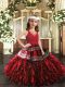 Fashionable Red Ball Gowns V-neck Sleeveless Organza Floor Length Zipper Appliques and Ruffles Little Girls Pageant Gowns