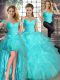 Latest Off The Shoulder Sleeveless Quinceanera Gown Floor Length Beading and Ruffles Aqua Blue Organza