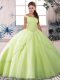 Hot Sale Sleeveless Tulle Brush Train Lace Up 15th Birthday Dress in Yellow Green with Beading