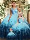 Sleeveless Floor Length Lace and Ruffles Backless Quinceanera Dress with Multi-color