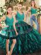 Fine V-neck Sleeveless Backless Quince Ball Gowns Turquoise Organza