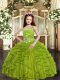 Luxurious Olive Green Tulle Lace Up Straps Sleeveless Floor Length Little Girl Pageant Dress Beading and Ruffles