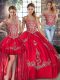 Red Three Pieces Tulle Off The Shoulder Sleeveless Beading and Embroidery Floor Length Lace Up Quince Ball Gowns