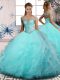Fantastic Aqua Blue Ball Gowns Tulle Off The Shoulder Sleeveless Beading and Ruffles Floor Length Lace Up Quinceanera Dresses