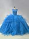 Blue Sleeveless Brush Train Beading and Ruffles 15th Birthday Dress