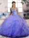 Super Lavender Sleeveless Floor Length Beading and Ruffles Lace Up Ball Gown Prom Dress
