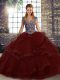 Designer Floor Length Burgundy Quinceanera Gown Tulle Sleeveless Beading and Ruffles
