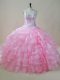 Graceful Baby Pink Organza Lace Up Halter Top Sleeveless Floor Length Vestidos de Quinceanera Embroidery and Ruffled Layers