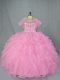 High Quality Baby Pink Lace Up Quince Ball Gowns Beading and Ruffles Sleeveless Floor Length