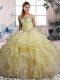 Unique Sleeveless Floor Length Beading and Ruffles Lace Up Sweet 16 Dress with Yellow