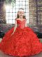 Straps Sleeveless Pageant Gowns Floor Length Beading Red Organza and Fabric With Rolling Flowers
