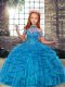 Teal High-neck Lace Up Beading and Ruffles Little Girls Pageant Dress Wholesale Sleeveless