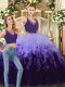Exquisite Purple and Multi-color Tulle Backless Quinceanera Gowns Sleeveless Floor Length Beading and Ruffles