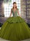 Olive Green Lace Up Straps Beading and Appliques 15 Quinceanera Dress Tulle Sleeveless