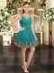 Turquoise Ball Gowns Embroidery Homecoming Party Dress Backless Tulle Sleeveless Mini Length