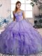 Fashionable Off The Shoulder Sleeveless Ball Gown Prom Dress Floor Length Beading and Ruffles Lavender Organza